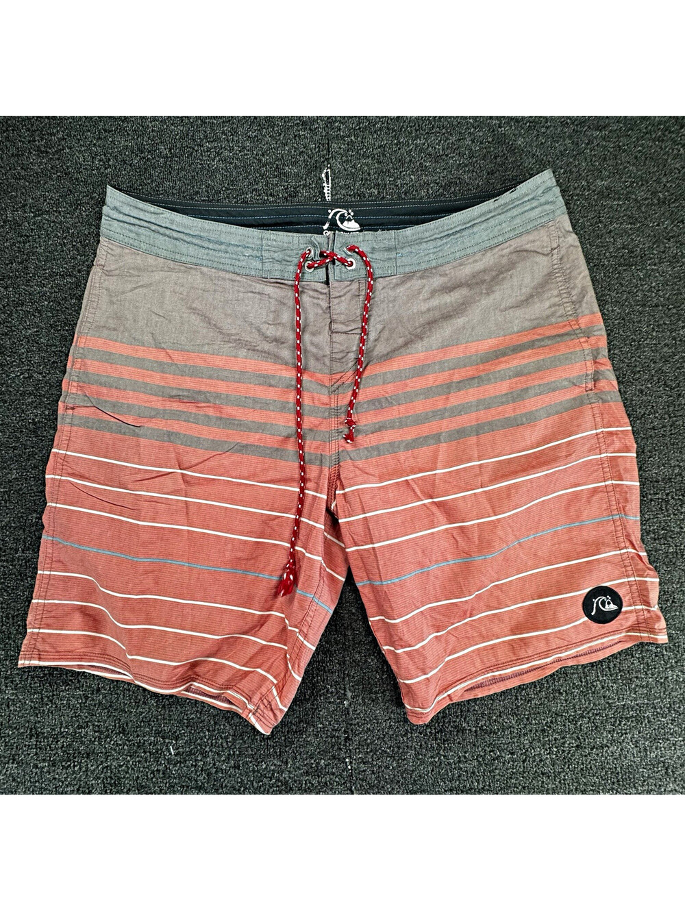 Quiksilver Mens L Gray Red Striped Board Shorts Drawstring Back Pocket